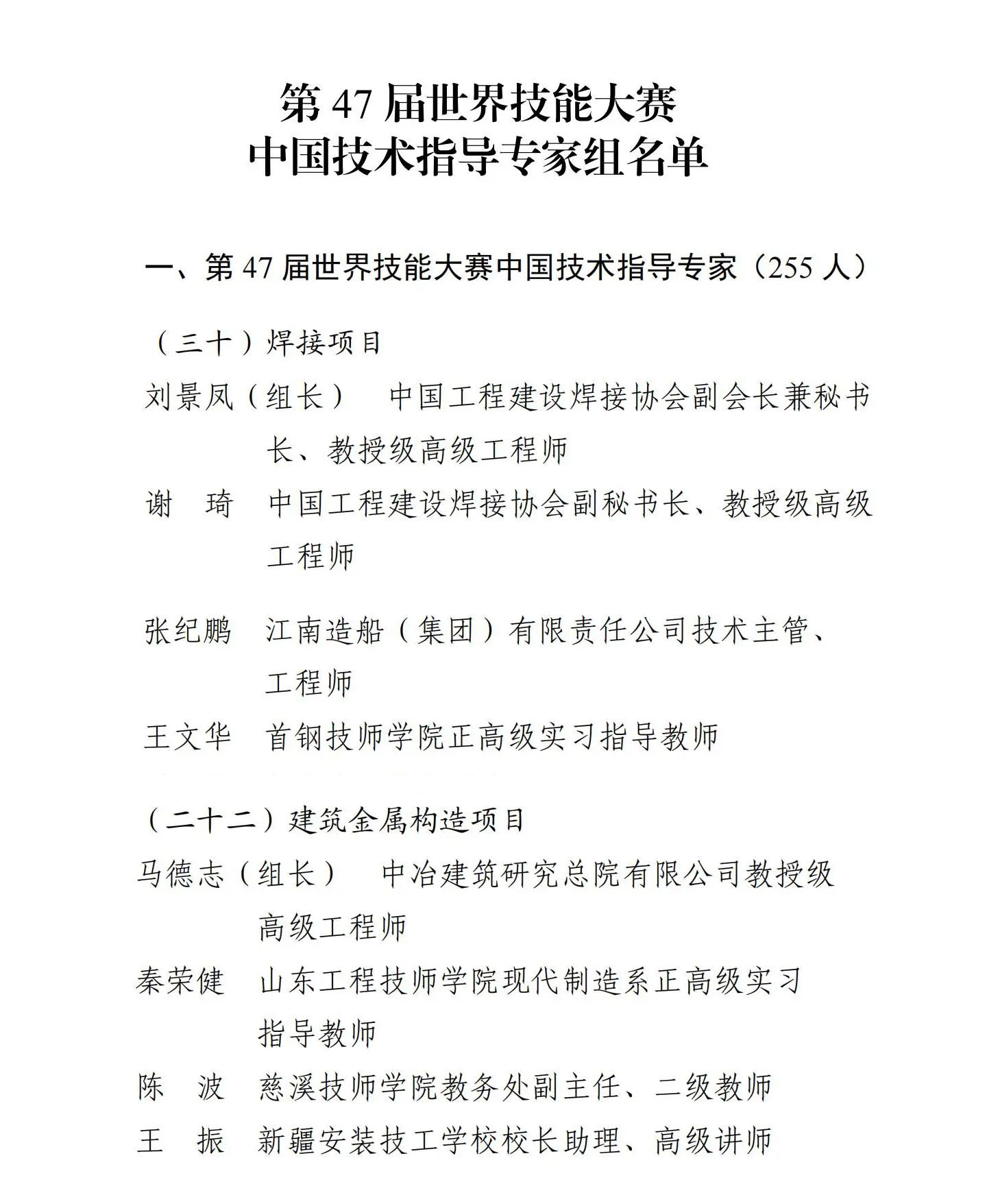 第47屆世界技能大賽中國技術(shù)指導(dǎo)專家組名單公布！